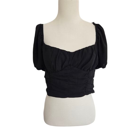 Forever 21 Whimsy Goth Cropped Top Puff Sleeves Black Smocked Lolita Women Large - Picture 1 of 8